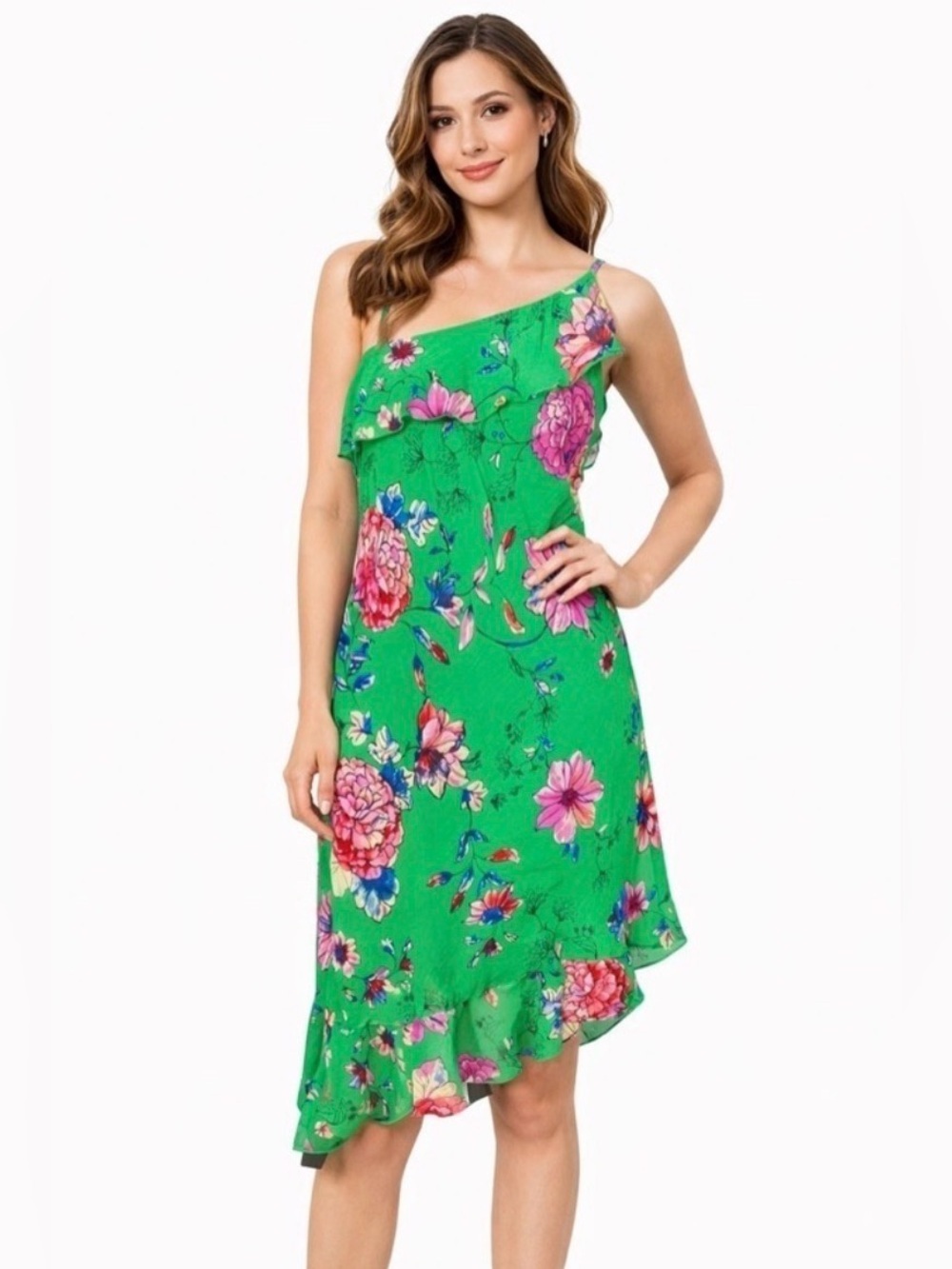 Roz & Ali Green One Shoulder Dress Sz 14 Asymmetrical Floral Spring Wedding
